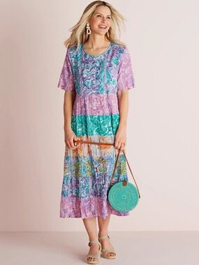 La Cera Floral Tiered Dress Womens 1X Multicolor Boho Cottagecore NWT Midi